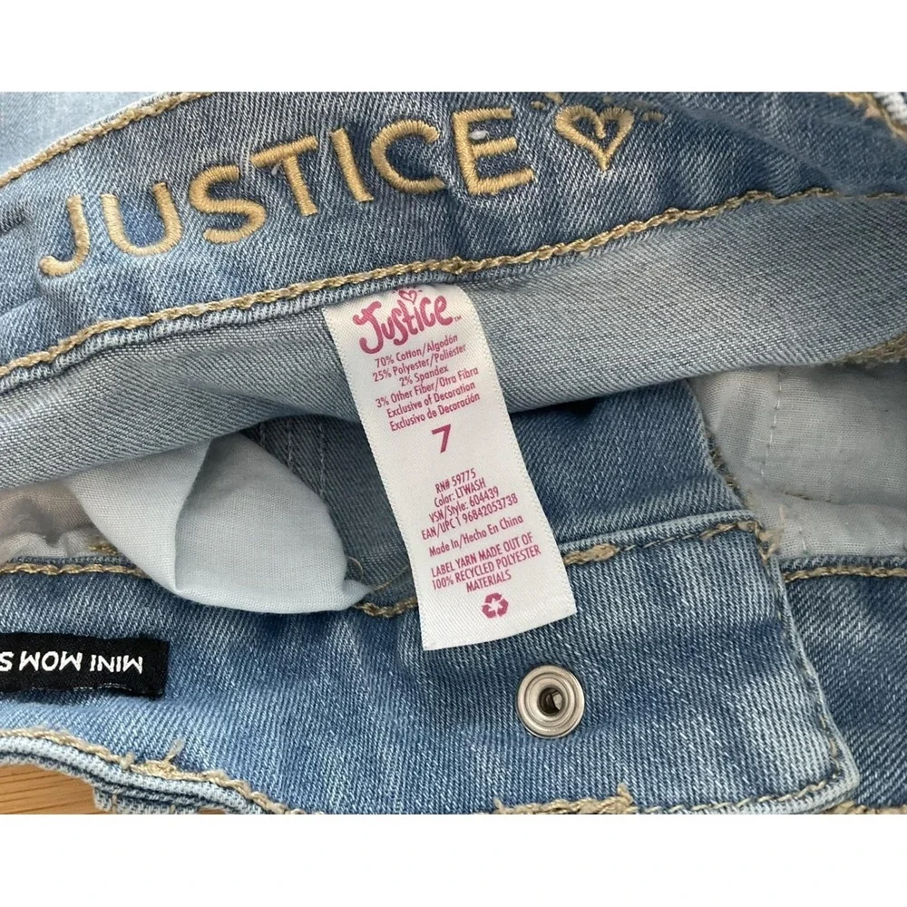 Justice Shorts Girls 7 Blue Denim Mini Mom Sequin Fringe Pockets Raw Hem Sparkle